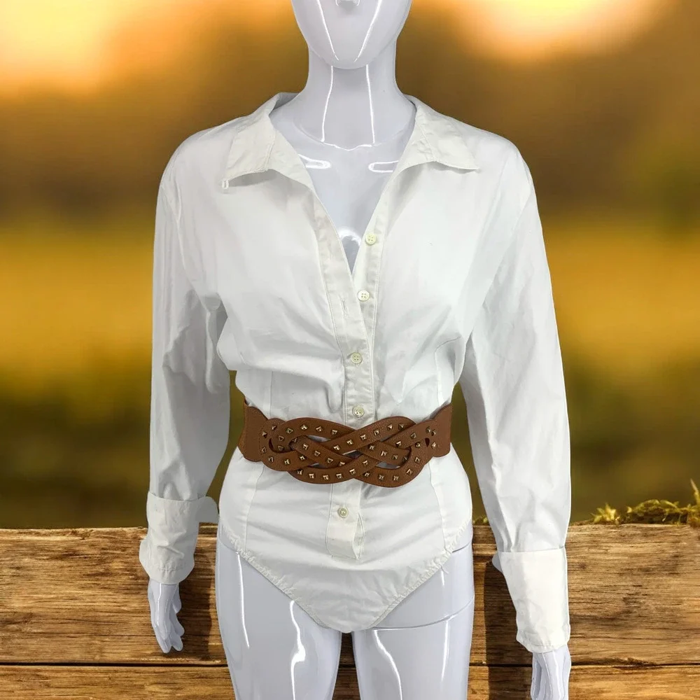 Vintage Y2K Brown Studded Braided Buckle Wide Waist Belt Sz M/L Vegan Leather